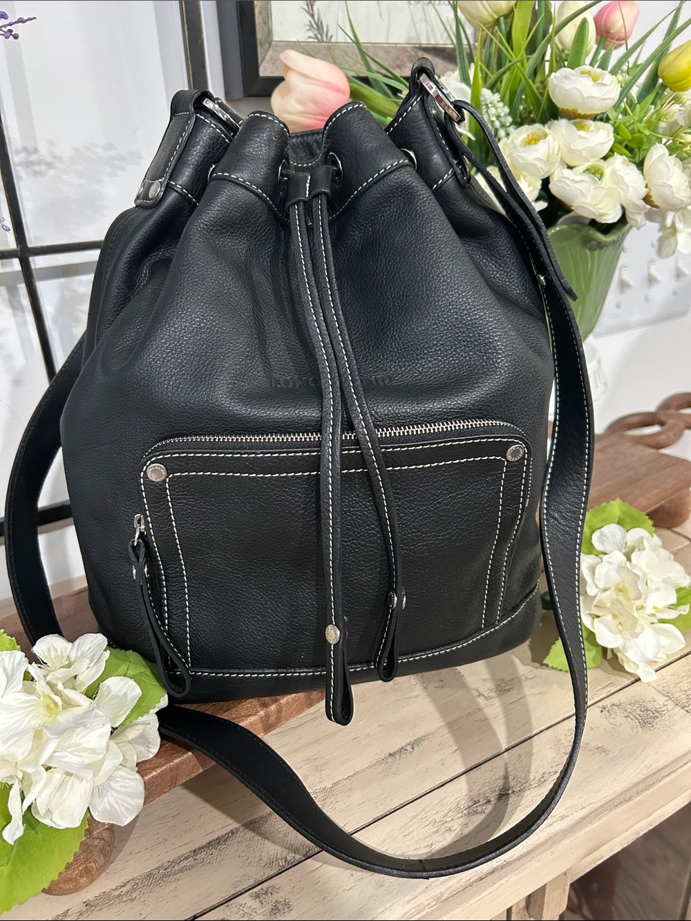 Longchamp Black Leather Drawstring Shoulder Bag with Front Zip Pocket